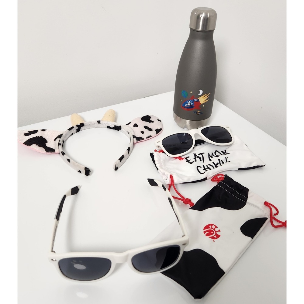 Chick-fil-A Bundle 2 Sunglasses Cow Headband 12oz Stainless Steele Water Bottle